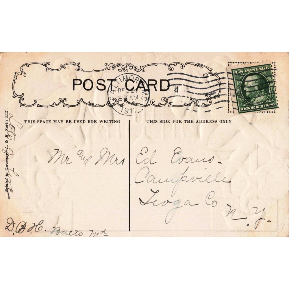 Antique 1911 Christmas Postcard L&E Serie 2227 Musicians Lute Embossed Germany - Picture 2 of 2